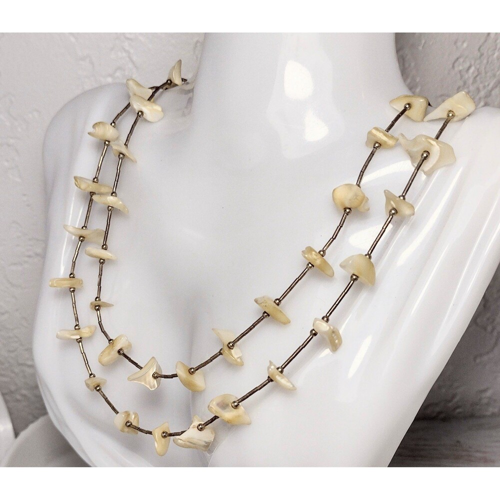Vintage Native Southwestern Liquid Sterling Silver MOP 2 Strand Necklace 22"